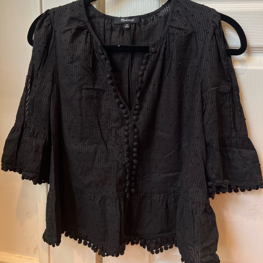 Madewell black boho blouse with embroidery & pom pom detail